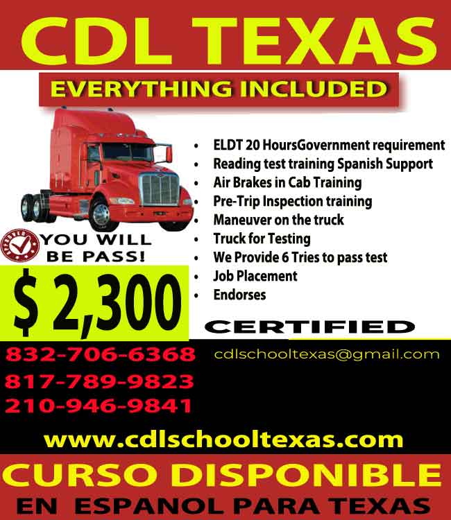 CDL training Odessa TX, image shows the school services, phones.