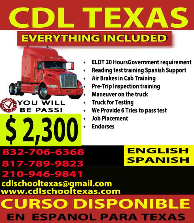 CDL training Frisco Texas, image shows phone numbers and services