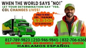 CDL School Dallas, image shows Phones, services, school logo, school motivational message