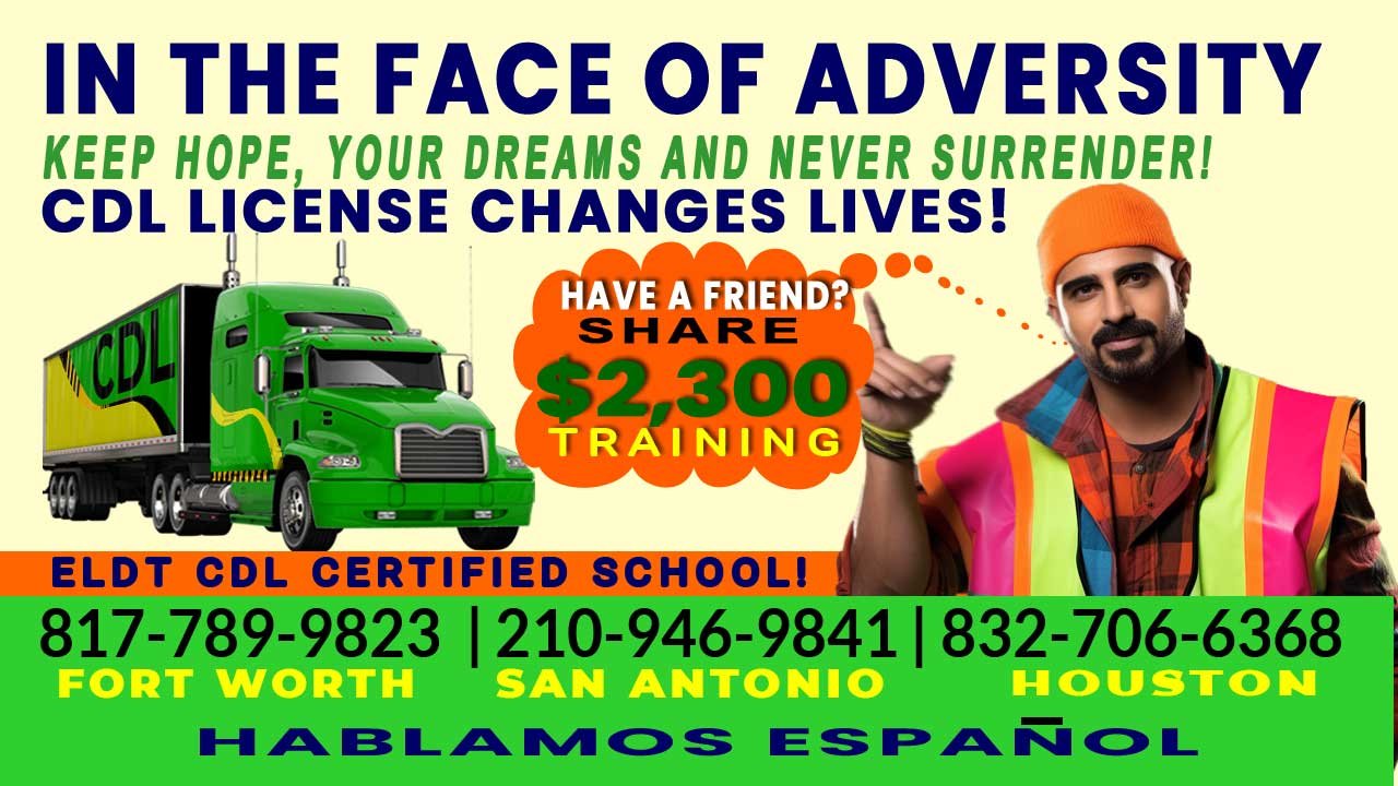 An image depicting CDL services, CDL office phone numbers, the website URL callcdl.com, email contact, and motivational words, emphasizing Fast track CDL Texas.