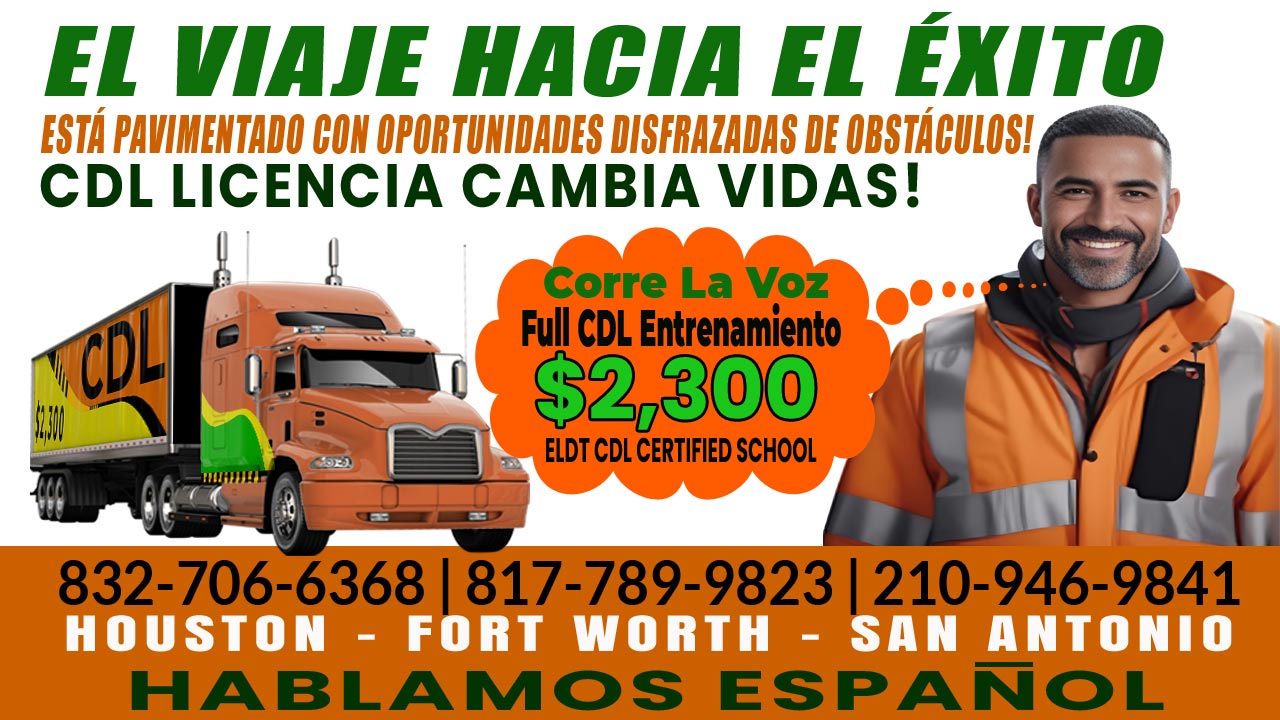 An image featuring CDL services, CDL office phones, the website URL callcdl.com, email address cdlcall.com@gmail.com, and motivational words, with a focus on 'CDL Espanol Houston'.
