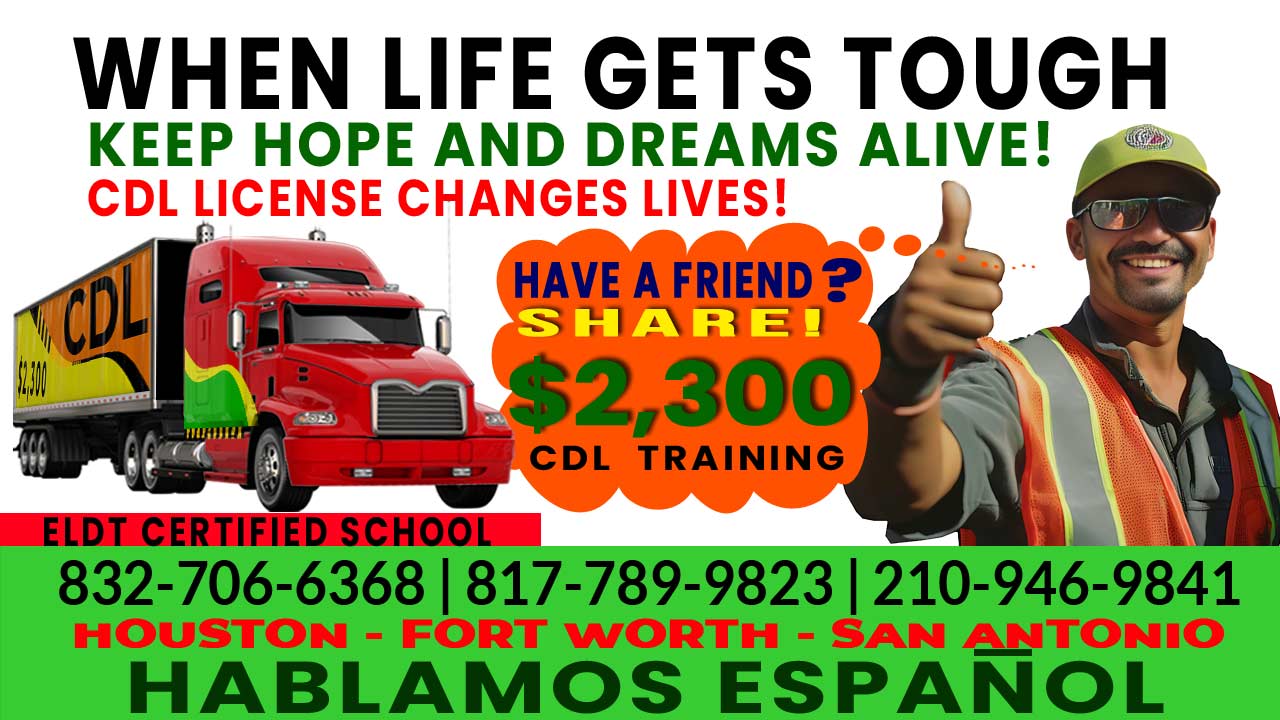 Slide showing various services offered by CDL School Austin, including contact details with phone numbers, website, and email, alongside motivational words to inspire future CDL trainees.