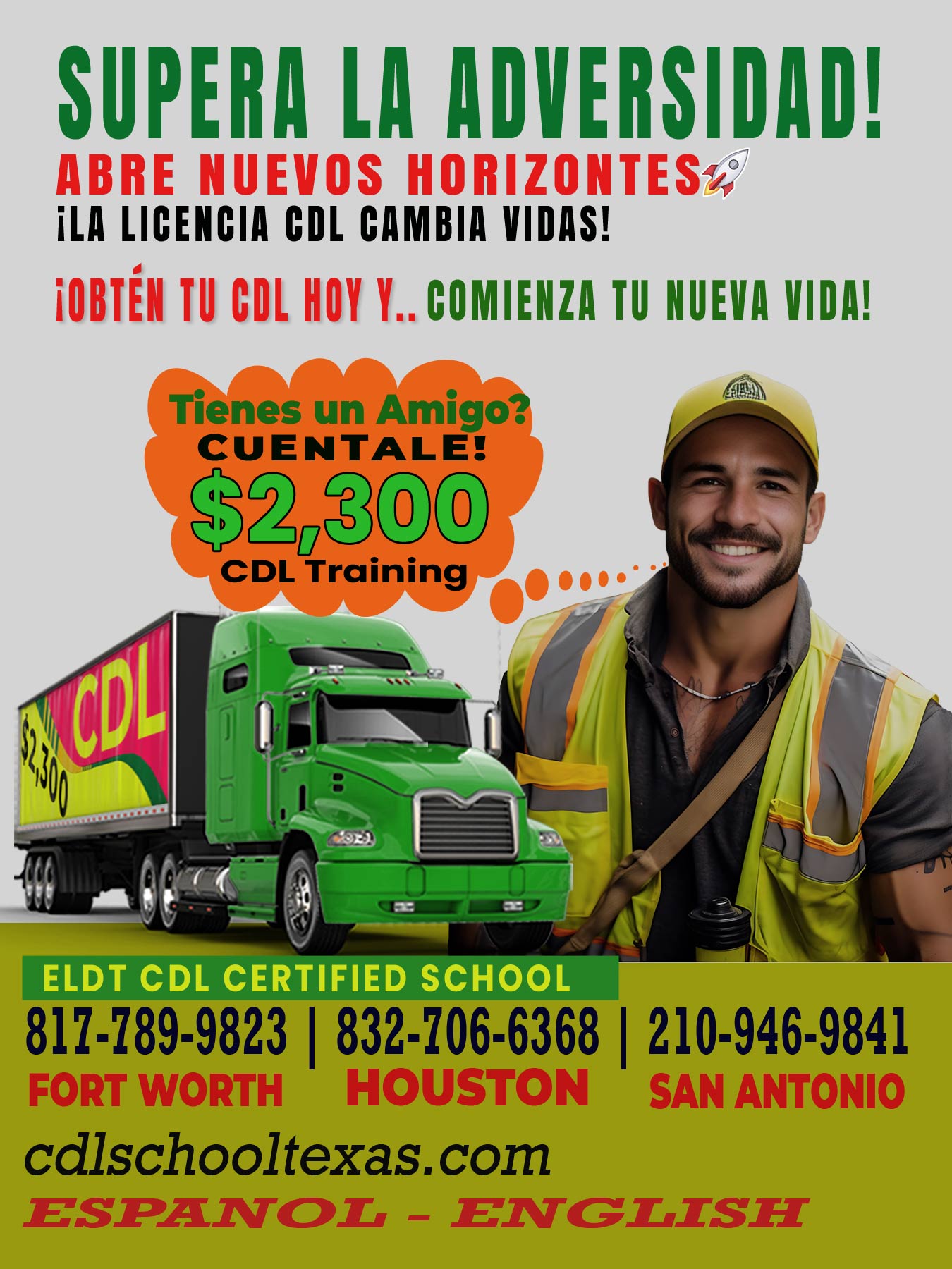 CDL Training Amarillo Texas the image show full information, like phones, services, program. Spanish English