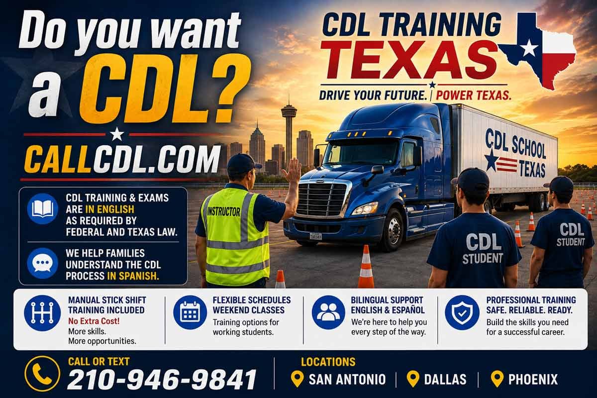 CDL Training Arlington TX with Class A CDL truck, instructor, students and training cones